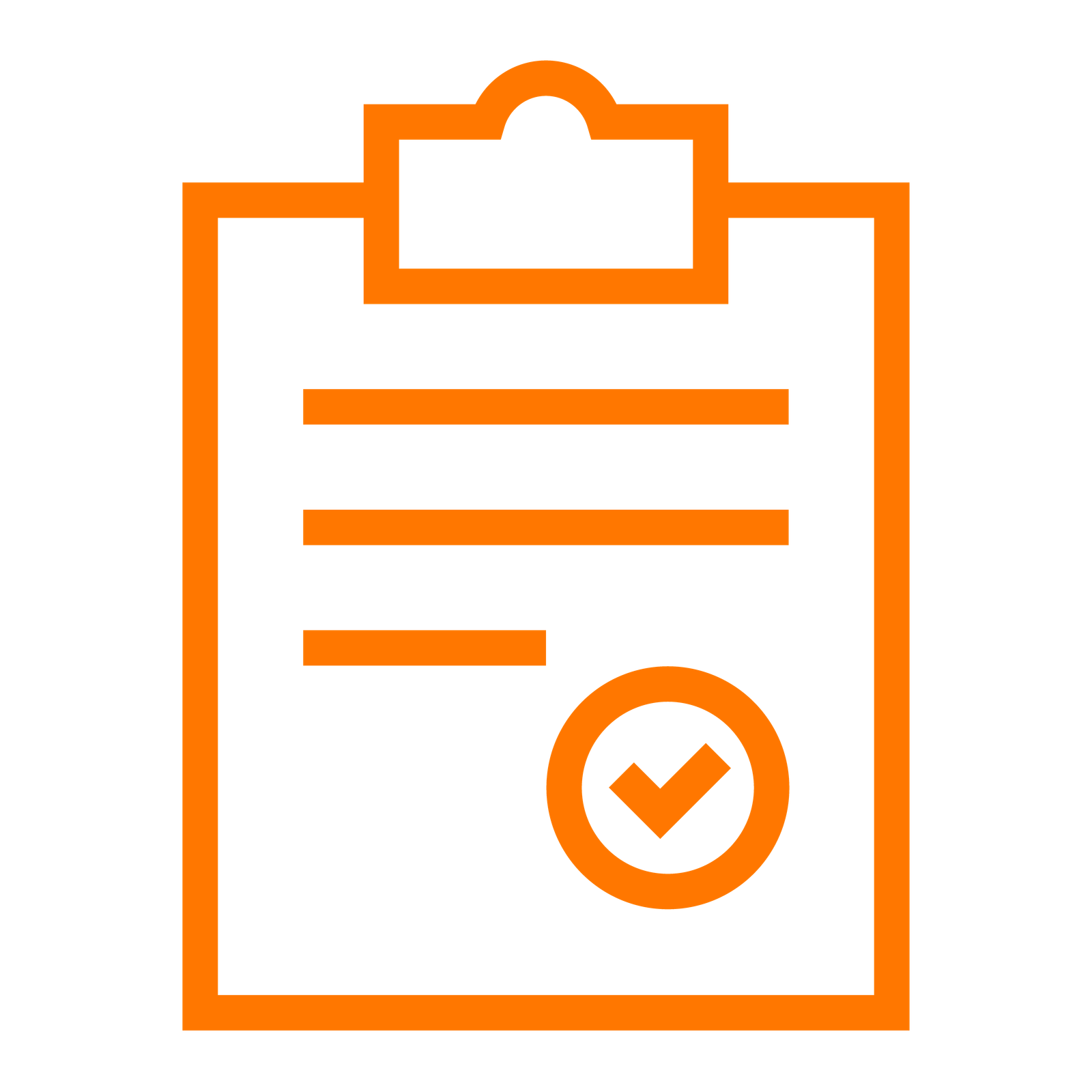 An orange icon showing a clipboard with a tick on a form