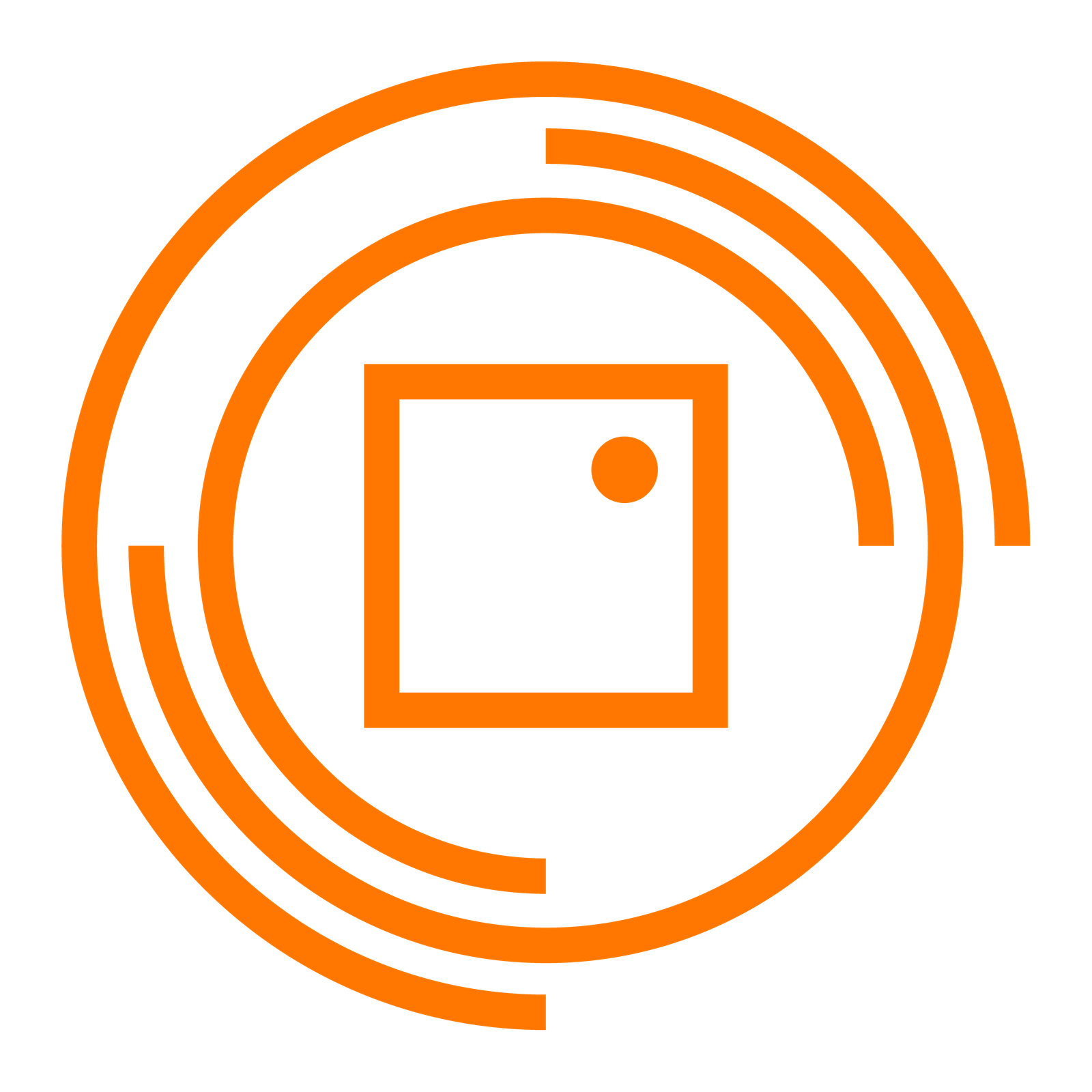 An orange icon showing circular lines with a box in the middle