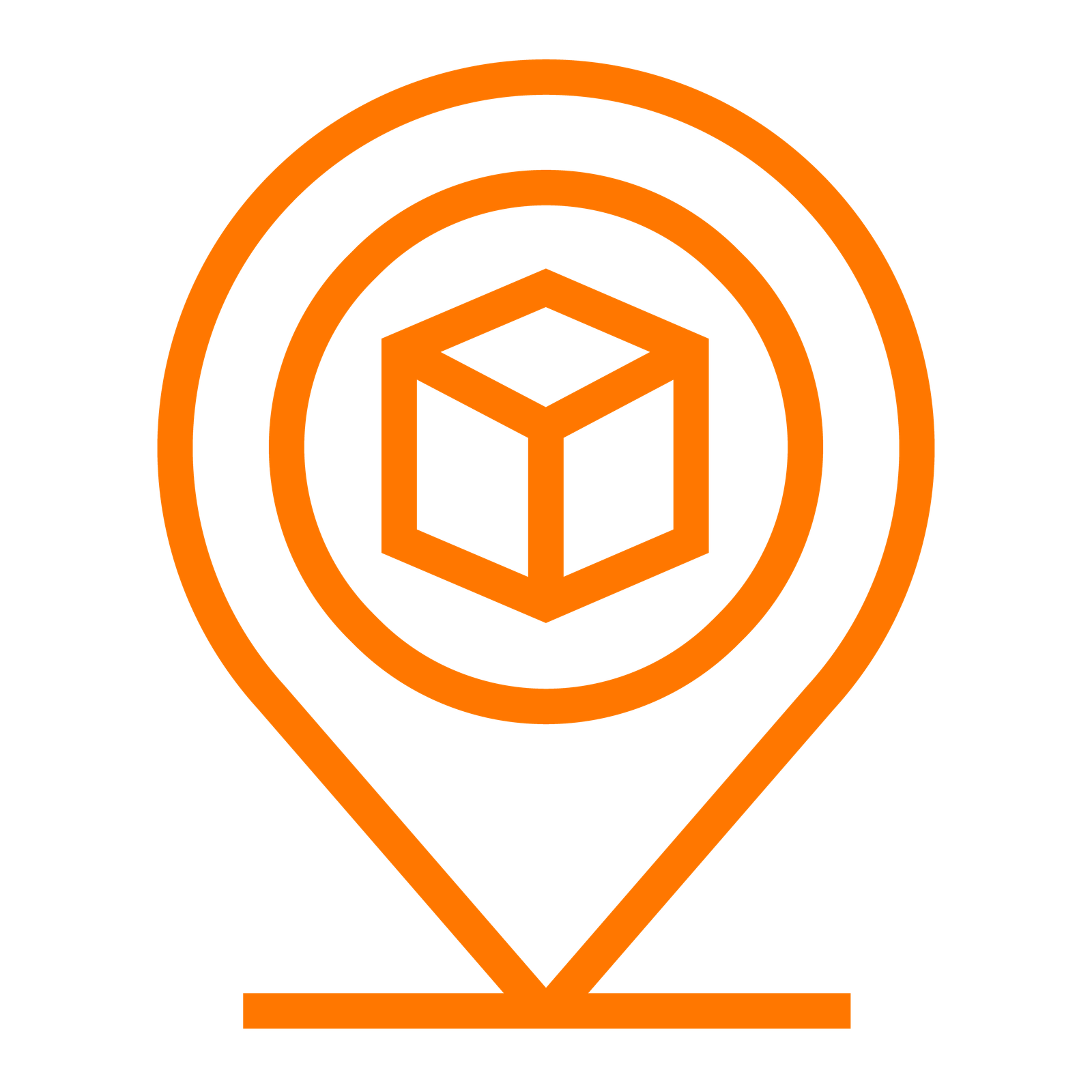 An orange location pin icon with a box in the middle