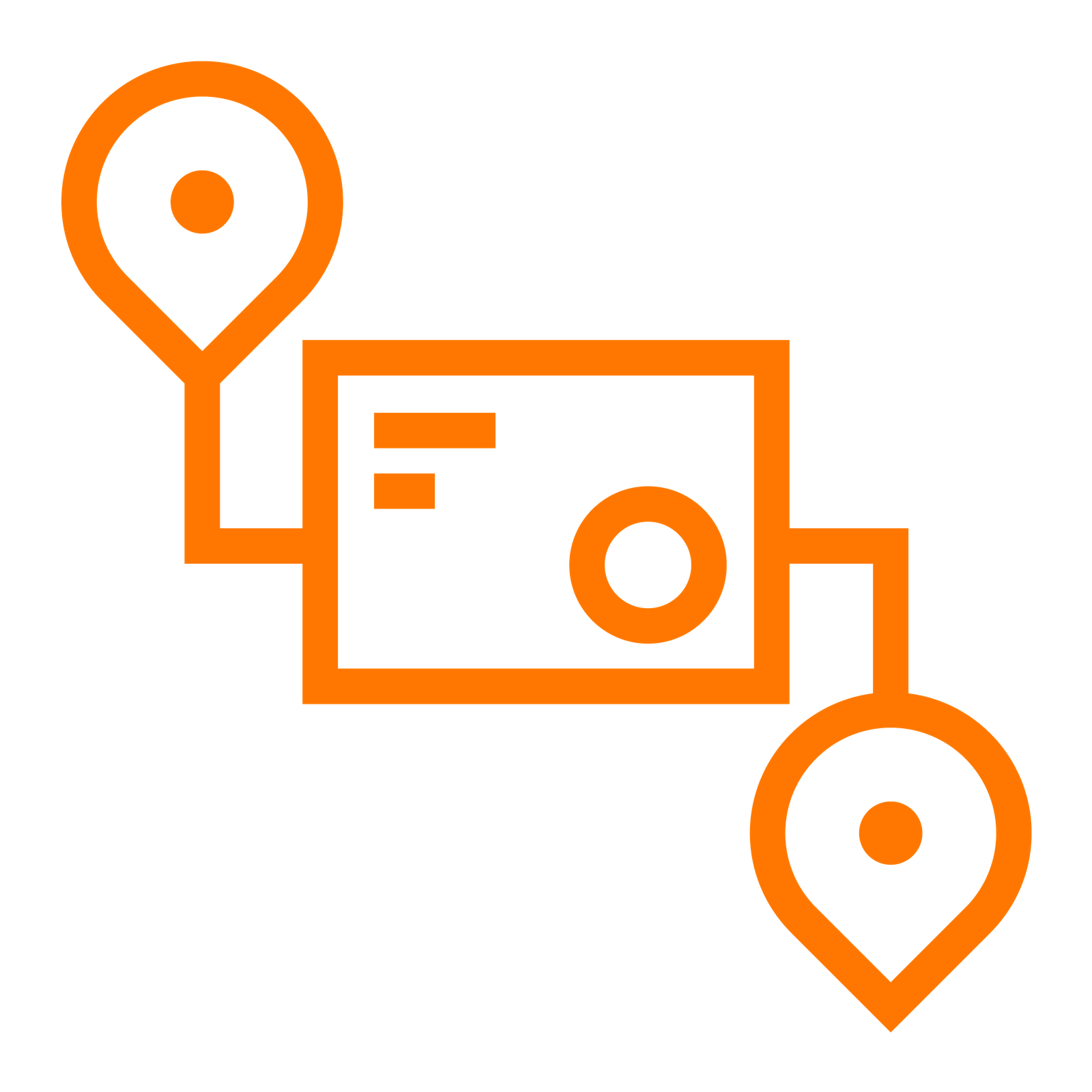 An orange icon of a bow with two location pins next to it
