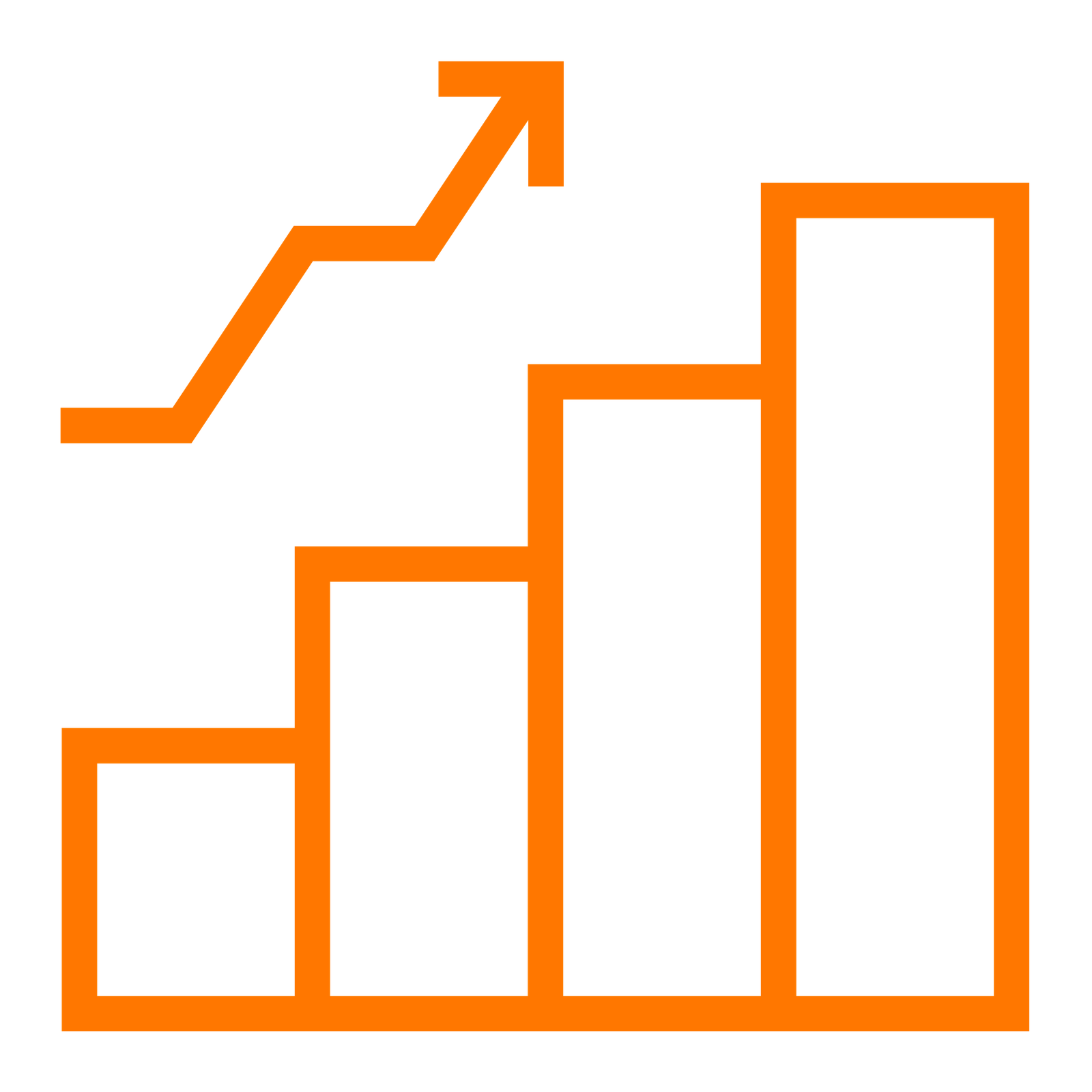 Orange icon of a graph tracking upwards with an arrow
