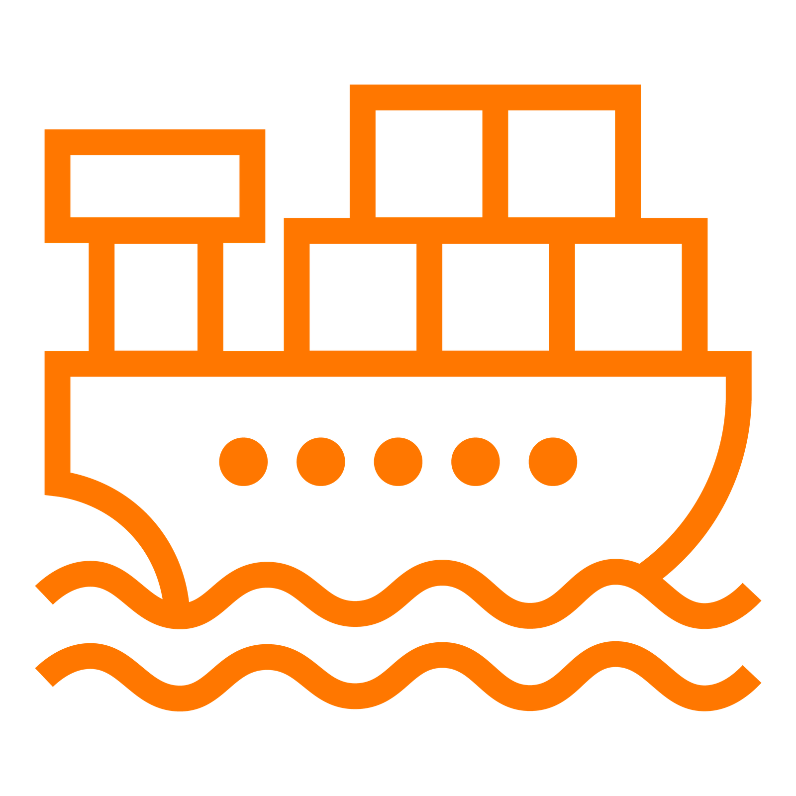 An orange icon of a cargo ship on water