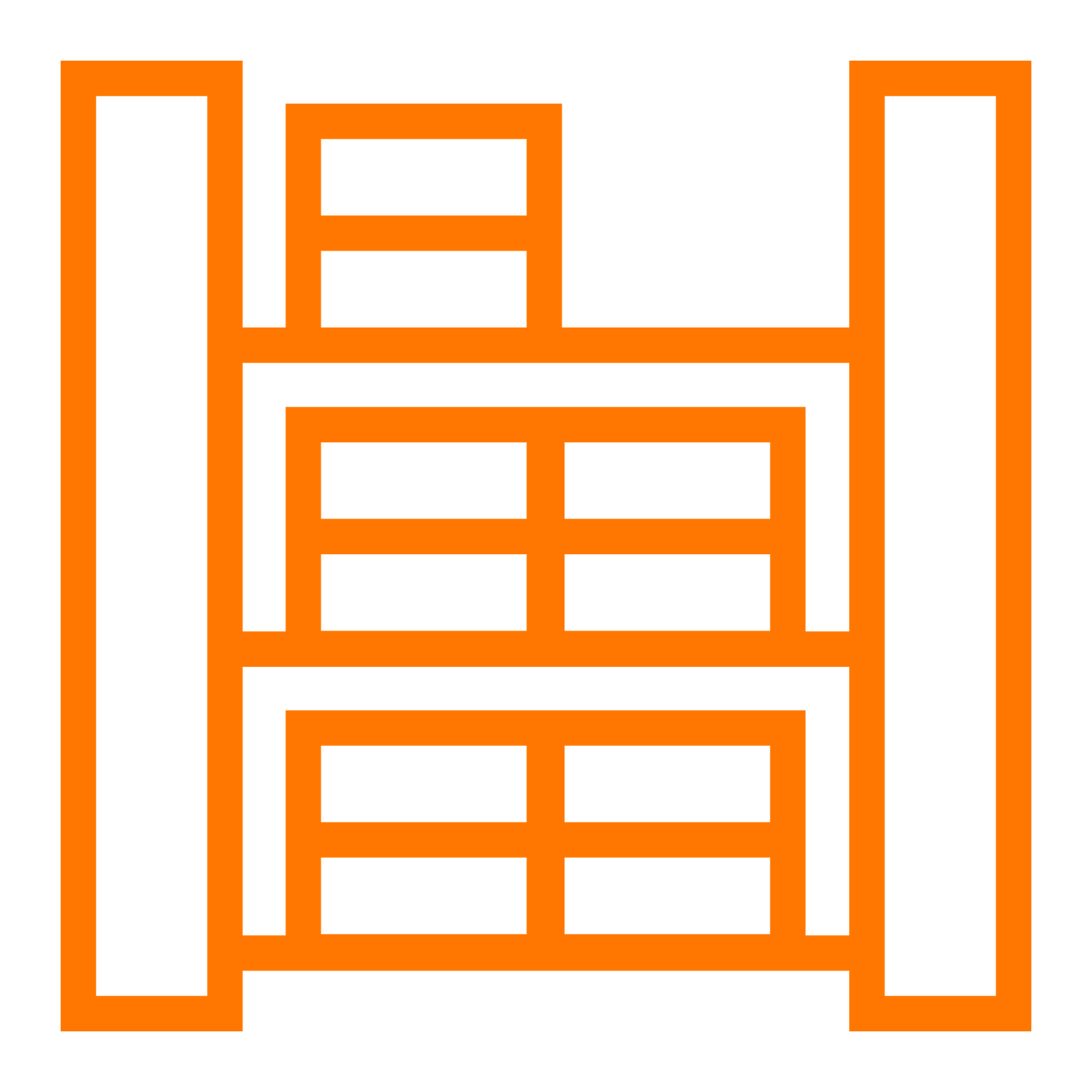 Orange icon showing shelves with boxes on them
